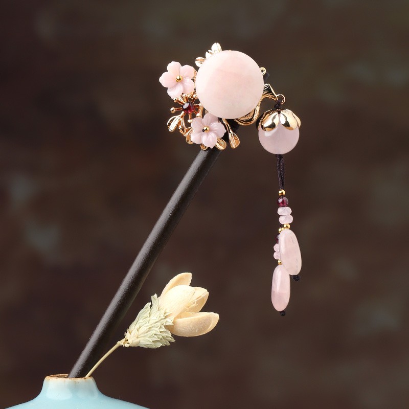 櫻戀粉雪發(fā)簪，氣質(zhì)小清新粉水晶簪子頭飾