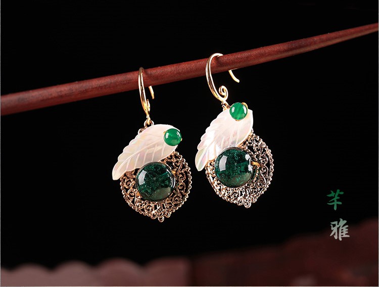 貝殼樹(shù)葉琉璃耳墜首飾，古風(fēng)氣質(zhì)清新耳環(huán)