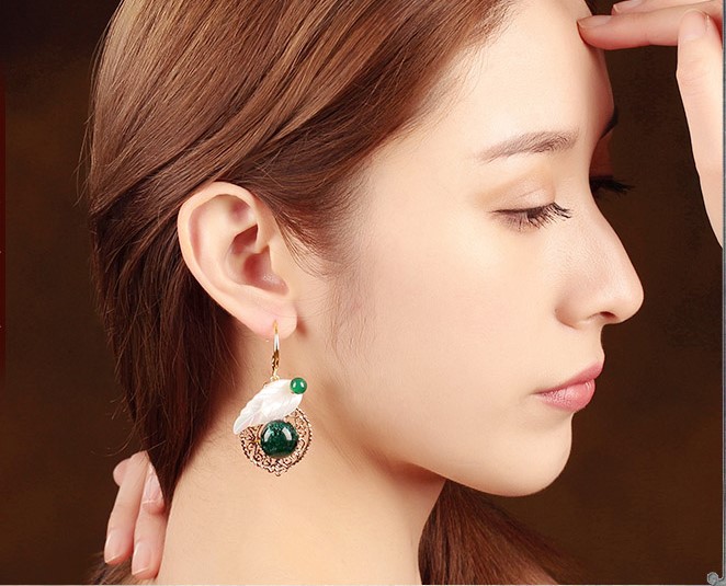 貝殼樹(shù)葉琉璃耳墜首飾，古風(fēng)氣質(zhì)清新耳環(huán)