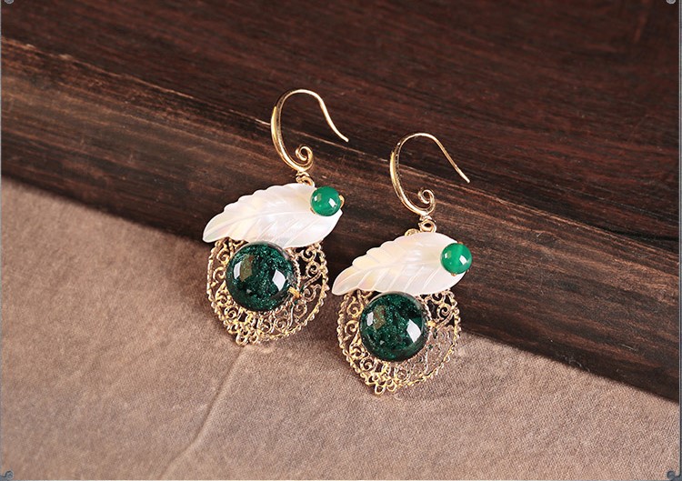 貝殼樹(shù)葉琉璃耳墜首飾，古風(fēng)氣質(zhì)清新耳環(huán)