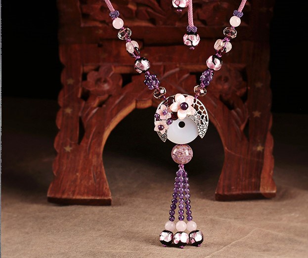 紫水晶琉璃毛衣鏈，復(fù)古民族風(fēng)項鏈首飾