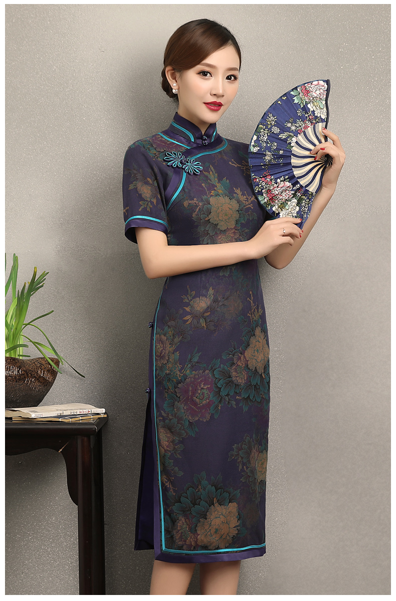 紫韻真絲香云紗旗袍，復(fù)古改良短袖旗袍裙