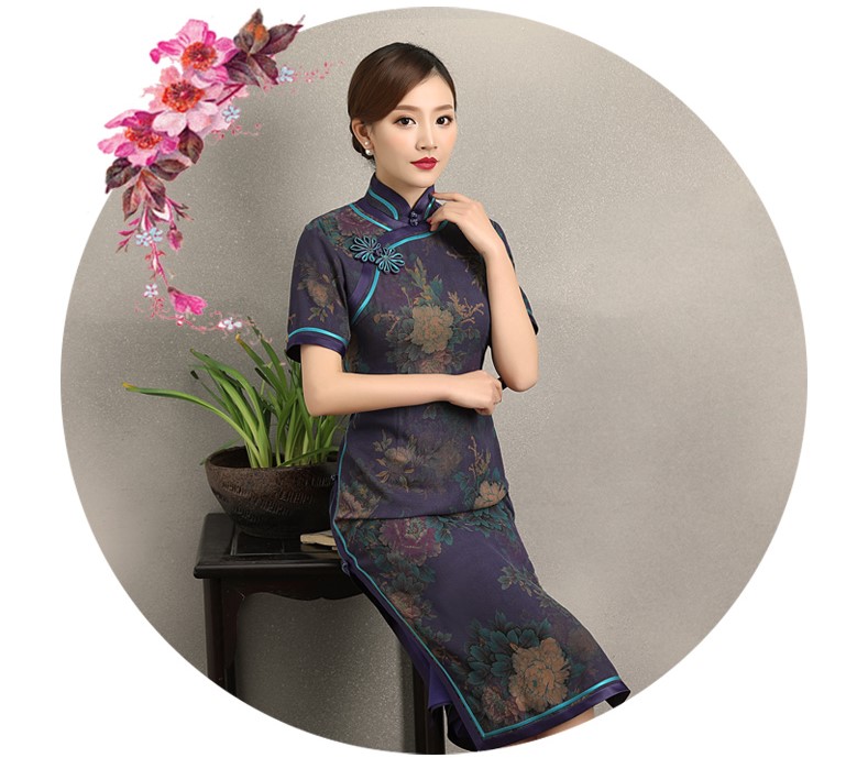 紫韻真絲香云紗旗袍，復(fù)古改良短袖旗袍裙