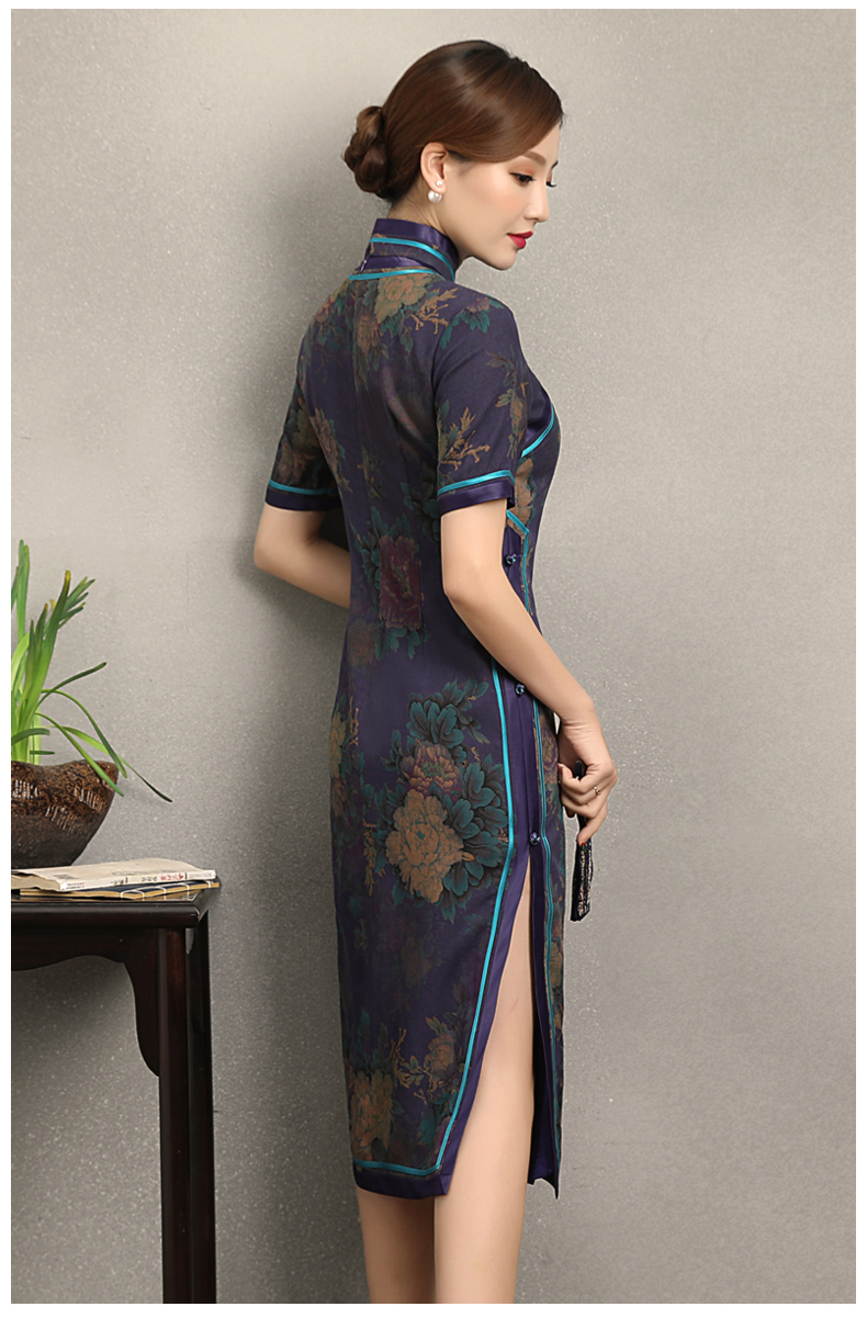 紫韻真絲香云紗旗袍，復(fù)古改良短袖旗袍裙