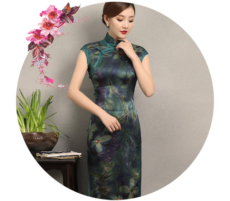 墨綠碧枝印花旗袍，復(fù)古改良短袖長(zhǎng)款旗袍裙