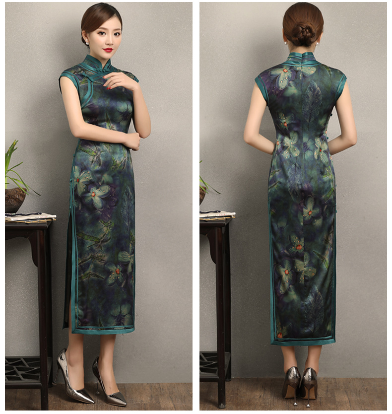墨綠碧枝印花旗袍，復(fù)古改良短袖長(zhǎng)款旗袍裙