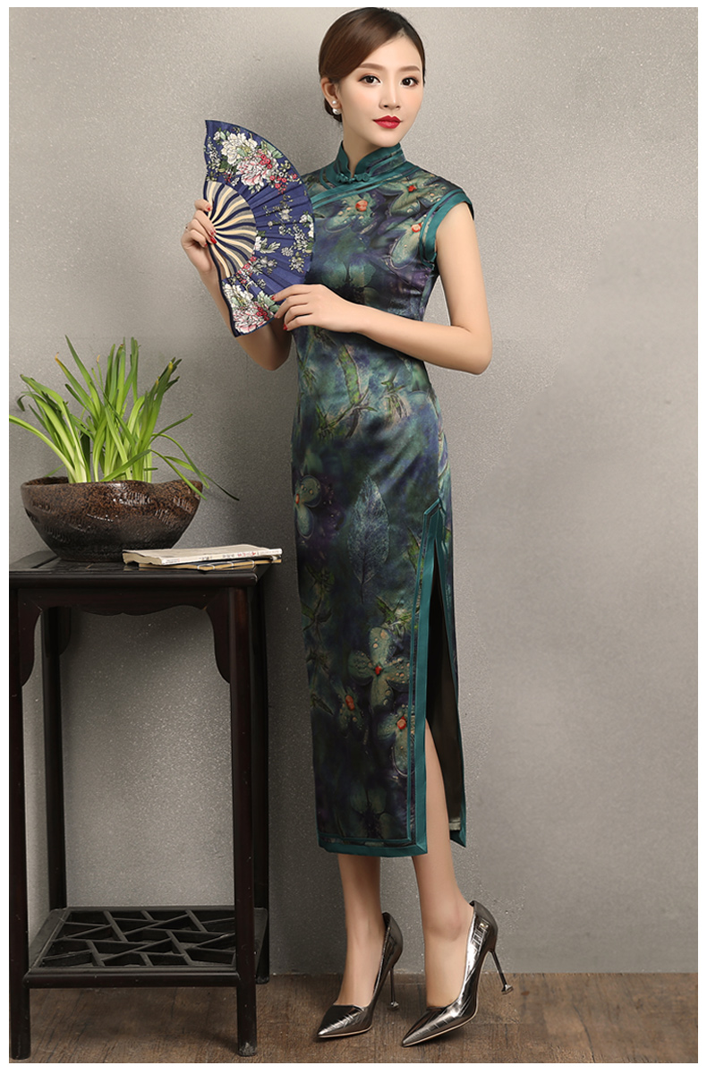 墨綠碧枝印花旗袍，復(fù)古改良短袖長(zhǎng)款旗袍裙