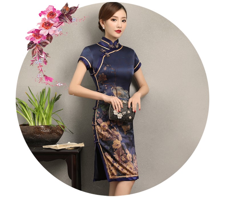 嫻云真絲旗袍，氣質印花雅致旗袍裙