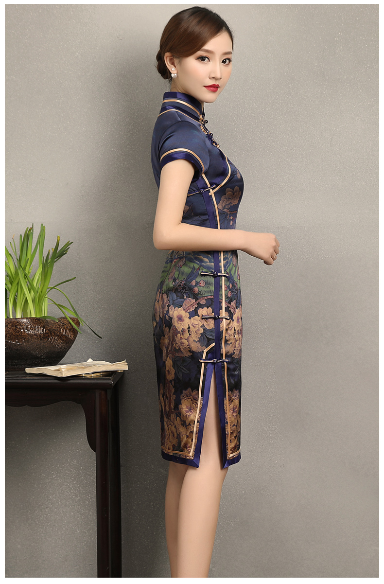 嫻云真絲旗袍，氣質印花雅致旗袍裙