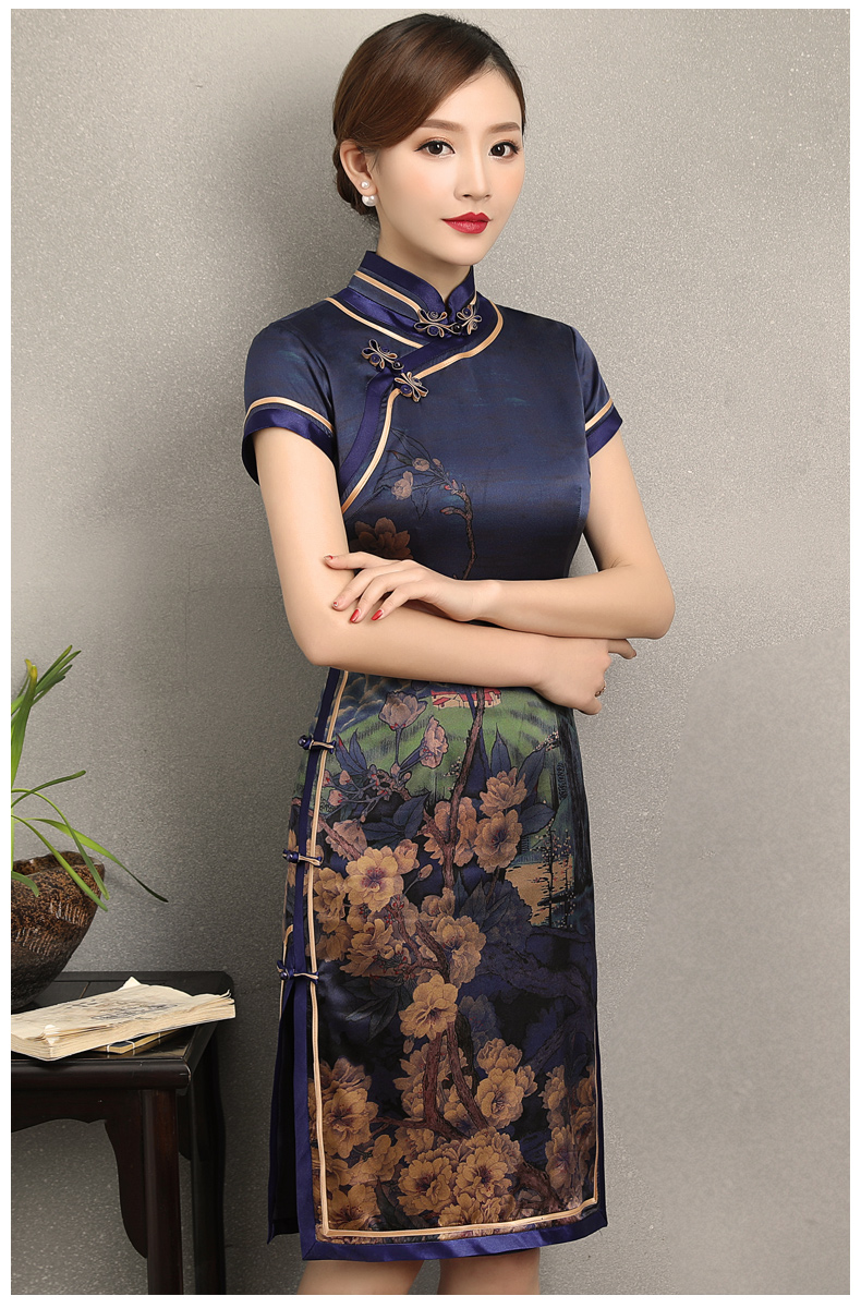 嫻云真絲旗袍，氣質印花雅致旗袍裙