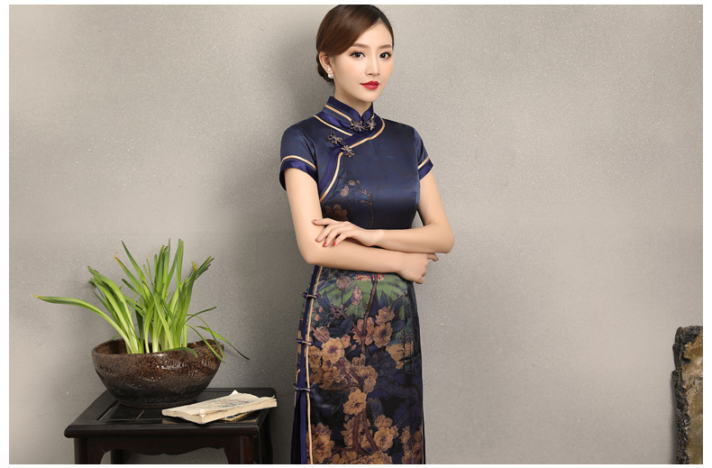 嫻云真絲旗袍，氣質印花雅致旗袍裙