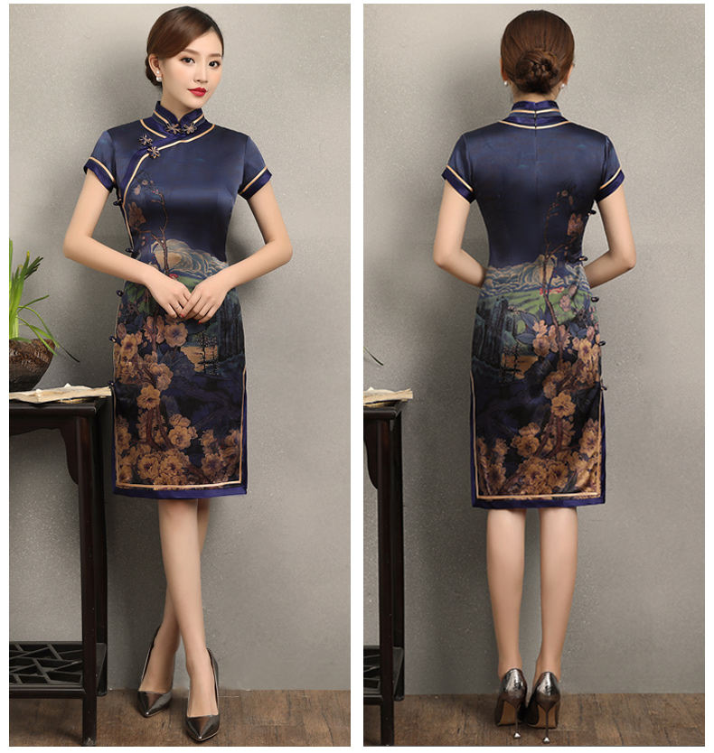 嫻云真絲旗袍，氣質印花雅致旗袍裙