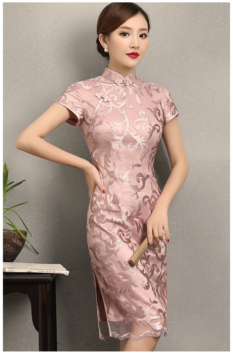 粉蕓蕾絲繡花旗袍，清新淡雅時尚旗袍裙