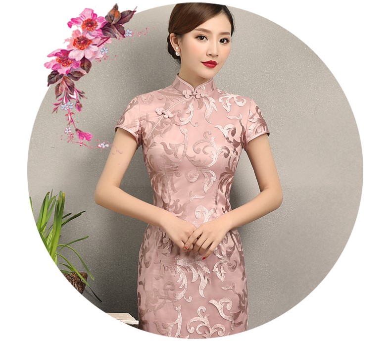 粉蕓蕾絲繡花旗袍，清新淡雅時尚旗袍裙