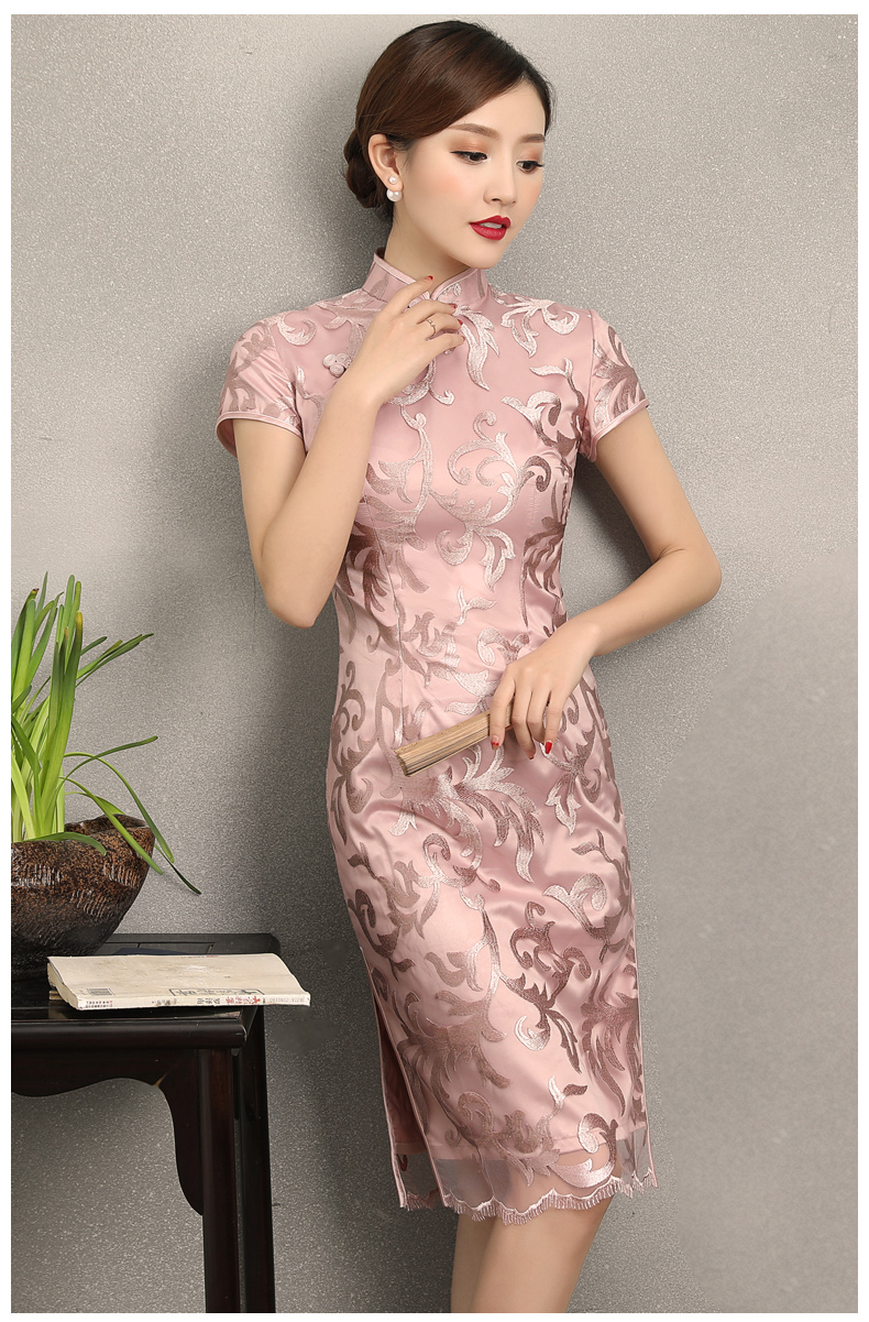 粉蕓蕾絲繡花旗袍，清新淡雅時尚旗袍裙