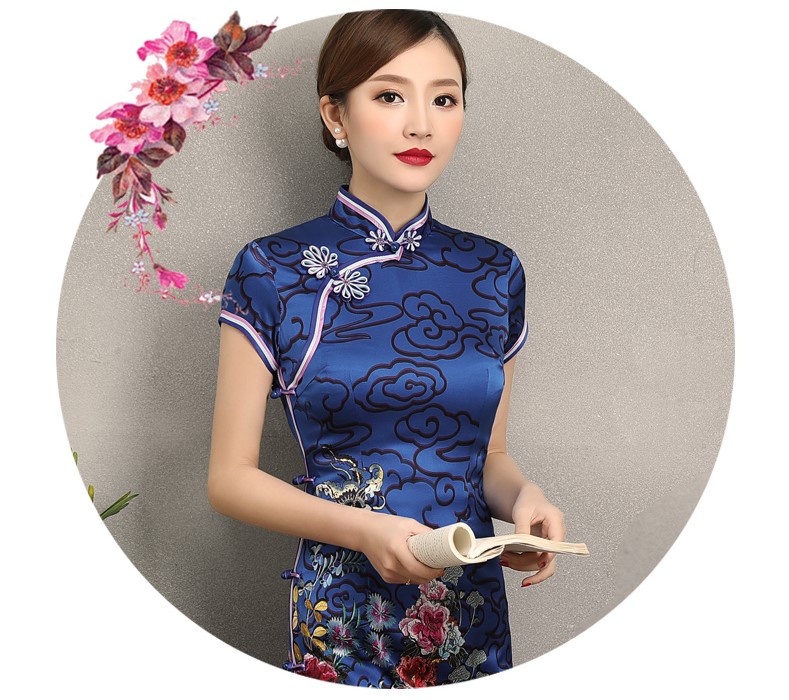 藍(lán)云真絲旗袍，古典祥云旗袍裙