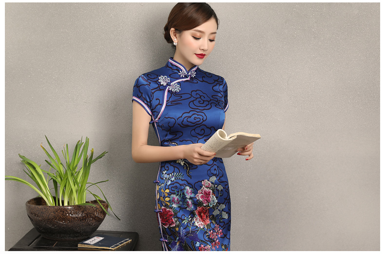 藍(lán)云真絲旗袍，古典祥云旗袍裙