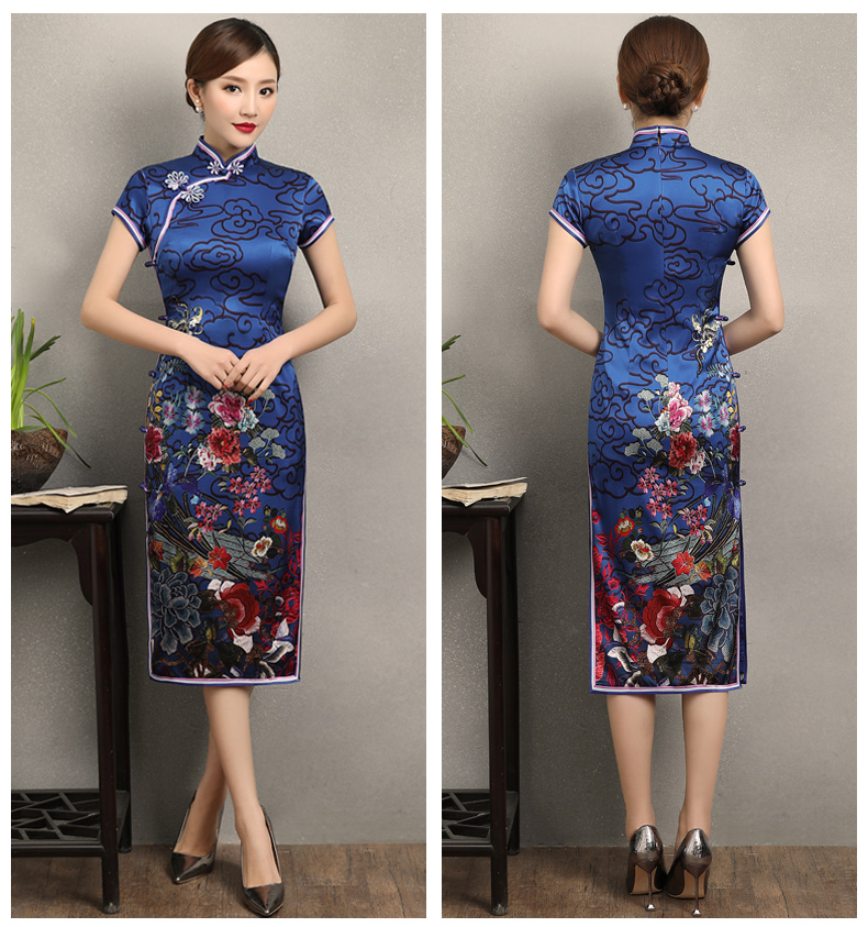 藍(lán)云真絲旗袍，古典祥云旗袍裙