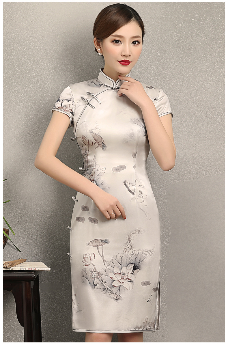 荷香四溢短袖旗袍，中式印花旗袍裙