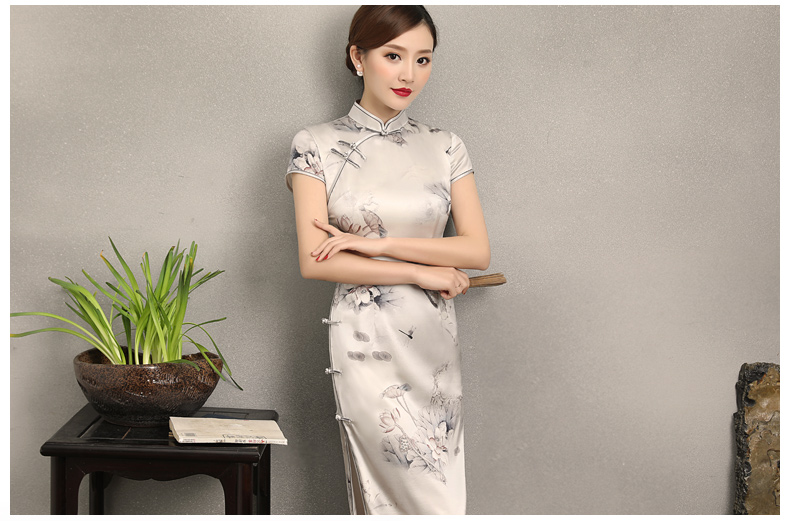 荷香四溢短袖旗袍，中式印花旗袍裙
