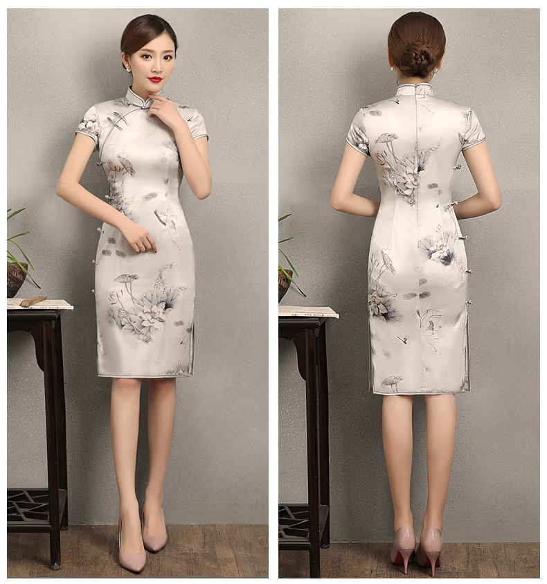 荷香四溢短袖旗袍，中式印花旗袍裙