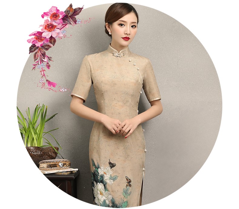 復(fù)古韻味旗袍，牡丹蝶香旗袍裙