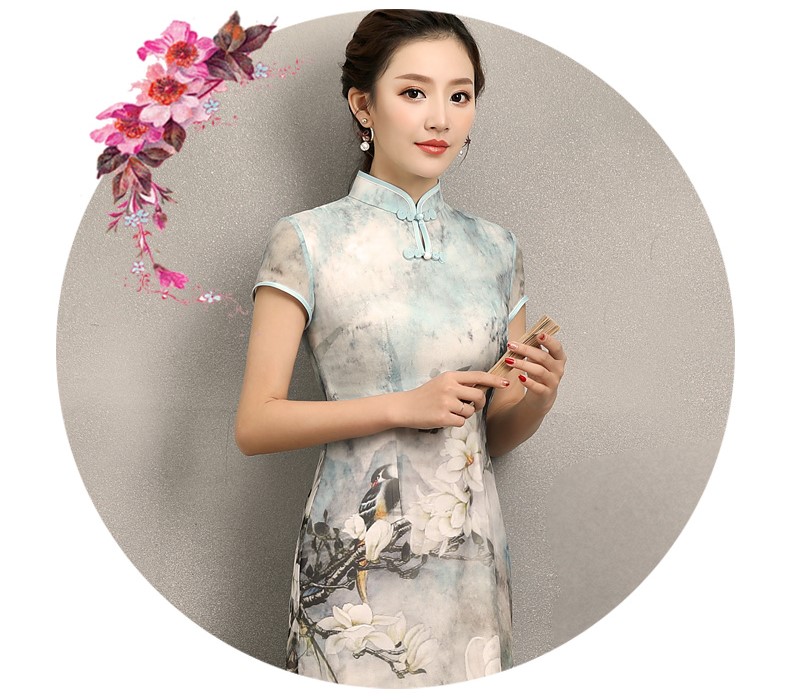 清雅華貴白玉蘭旗袍，復古真絲旗袍裙