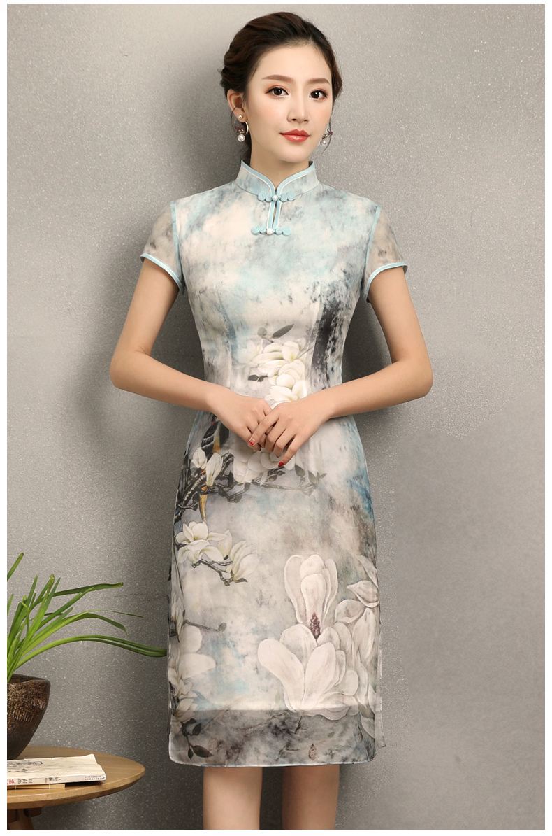 清雅華貴白玉蘭旗袍，復古真絲旗袍裙