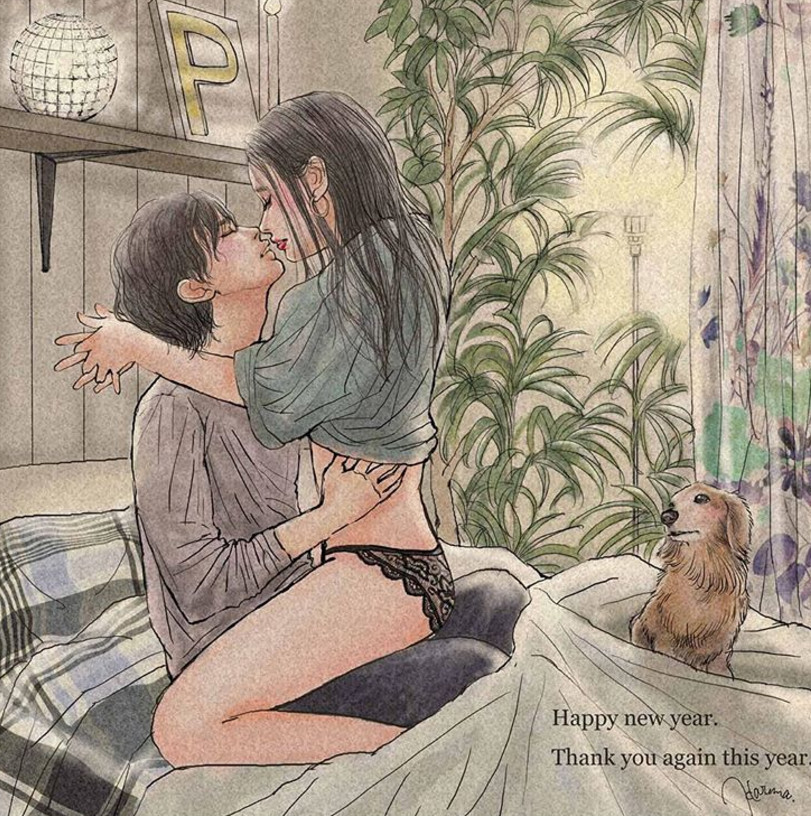 一組情侶情趣插畫，充滿誘惑的手繪插畫