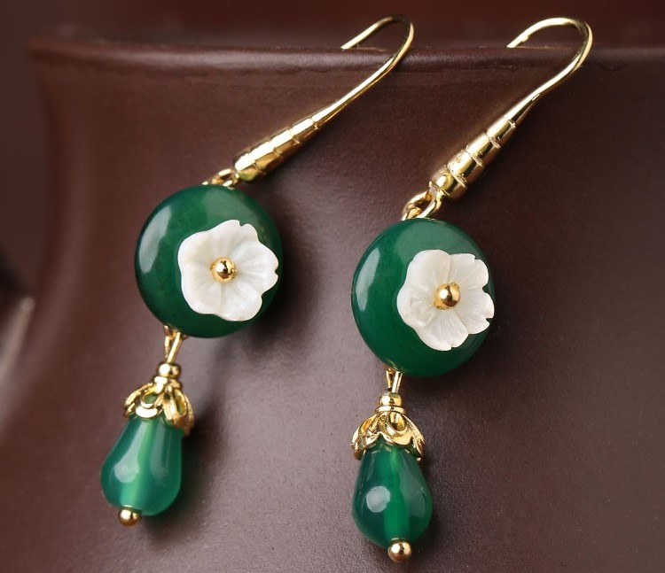 復(fù)古小花朵綠瑪瑙耳環(huán)，古風(fēng)文藝復(fù)古首飾