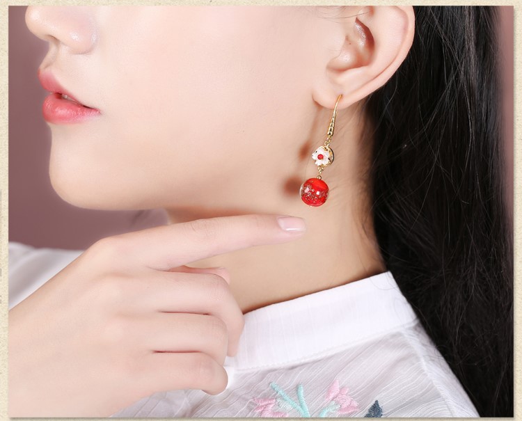 復古琉璃吊墜耳環(huán)，古風花朵紅色首飾