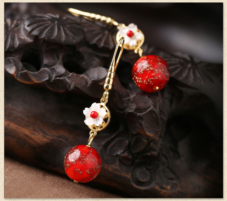 復古琉璃吊墜耳環(huán)，古風花朵紅色首飾