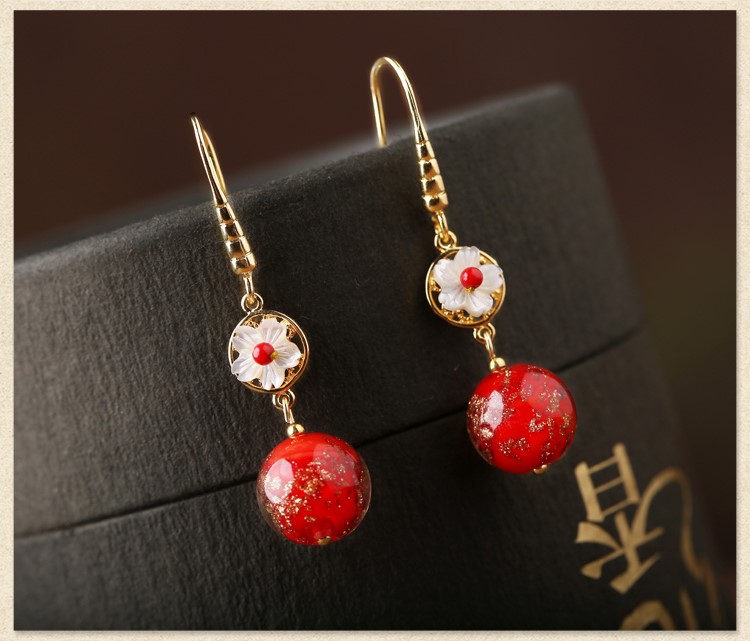復古琉璃吊墜耳環(huán)，古風花朵紅色首飾