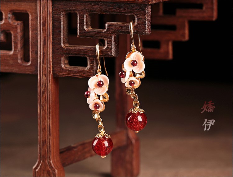 貝殼花朵琉璃吊墜耳環(huán)，古風(fēng)氣質(zhì)嬌雅清新首飾