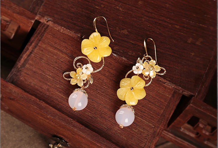 新穎黃花朵耳墜耳環(huán)，古風(fēng)清新氣質(zhì)首飾