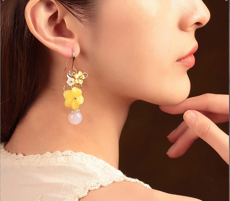 新穎黃花朵耳墜耳環(huán)，古風(fēng)清新氣質(zhì)首飾