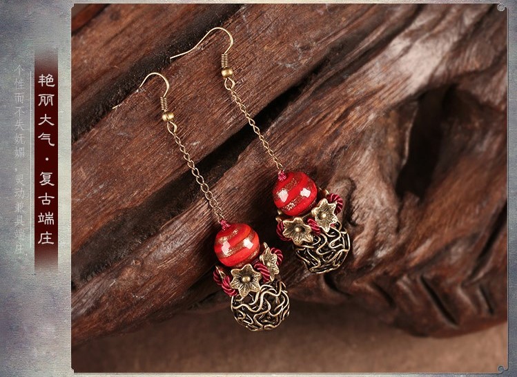 艷塵復(fù)古匠心啟航閱讀氣質(zhì)耳環(huán)，古風(fēng)紅色琉璃首飾