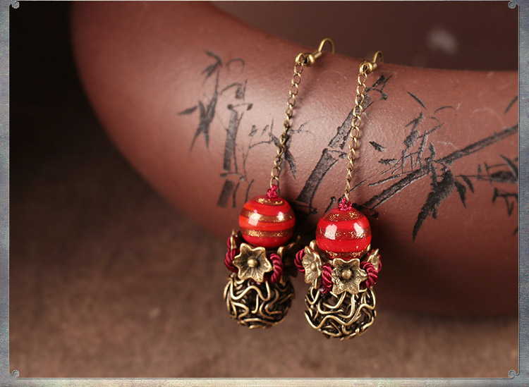 艷塵復(fù)古匠心啟航閱讀氣質(zhì)耳環(huán)，古風(fēng)紅色琉璃首飾