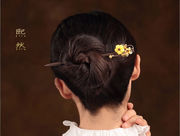 自然清新木簪子，淡黃花朵發(fā)簪頭飾