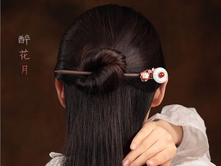 醉花月平安扣木簪子，粉色花朵發(fā)簪頭飾