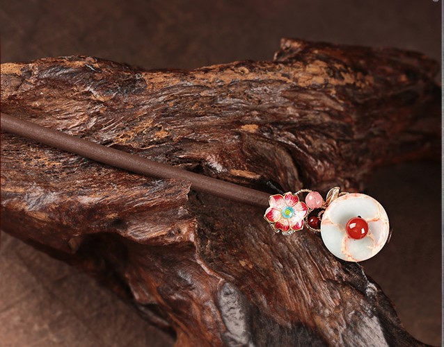 醉花月平安扣木簪子，粉色花朵發(fā)簪頭飾