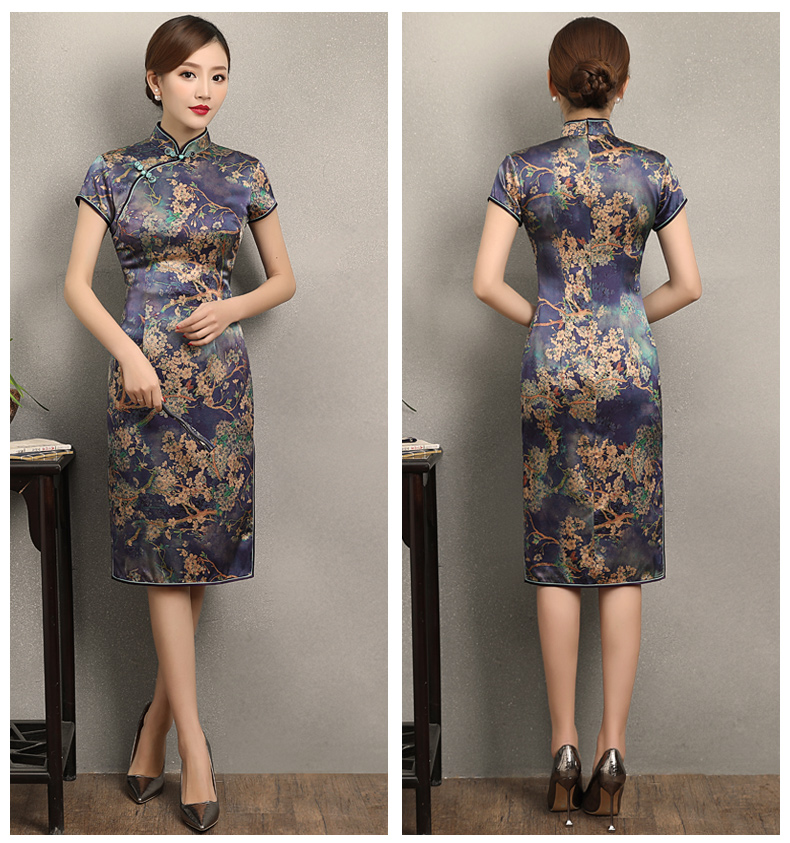 蒼翠復古修身旗袍，典雅印花旗袍裙