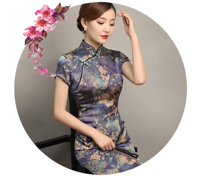 蒼翠復古修身旗袍，典雅印花旗袍裙