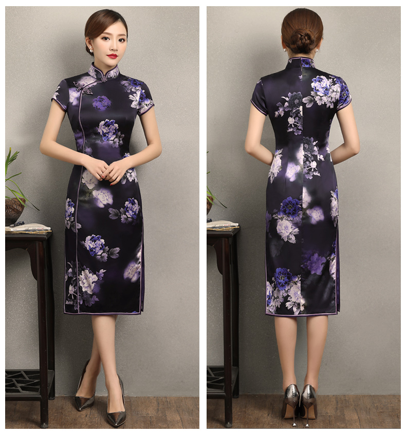 優(yōu)雅鏡花旗袍，清新藍(lán)色花旗袍裙