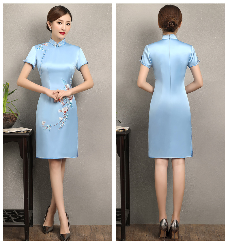 淡藍清新繡花旗袍，散香時尚旗袍裙