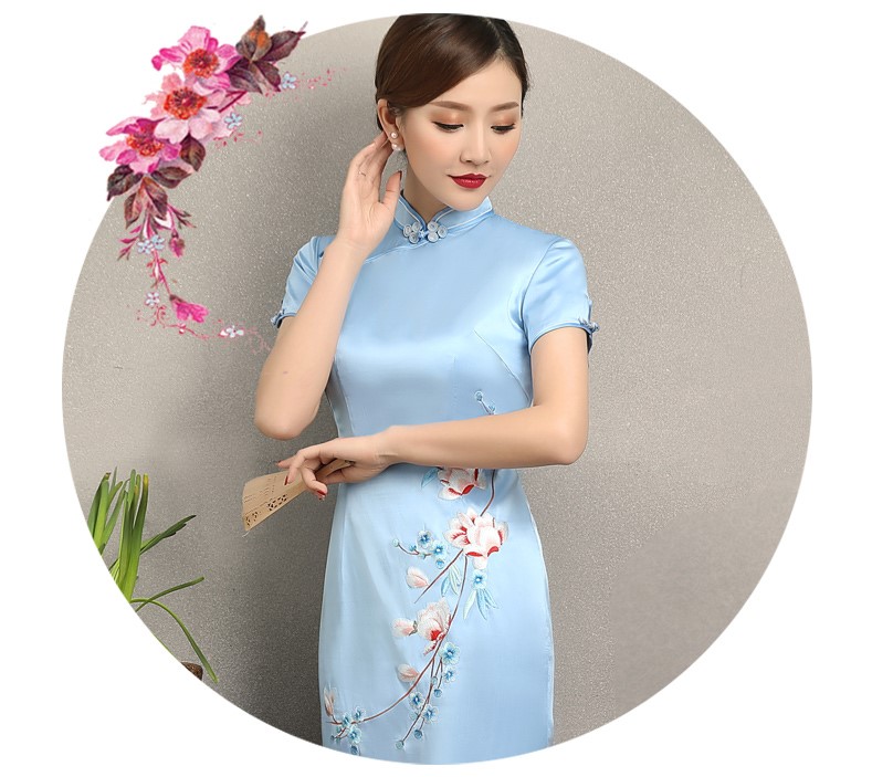 淡藍清新繡花旗袍，散香時尚旗袍裙