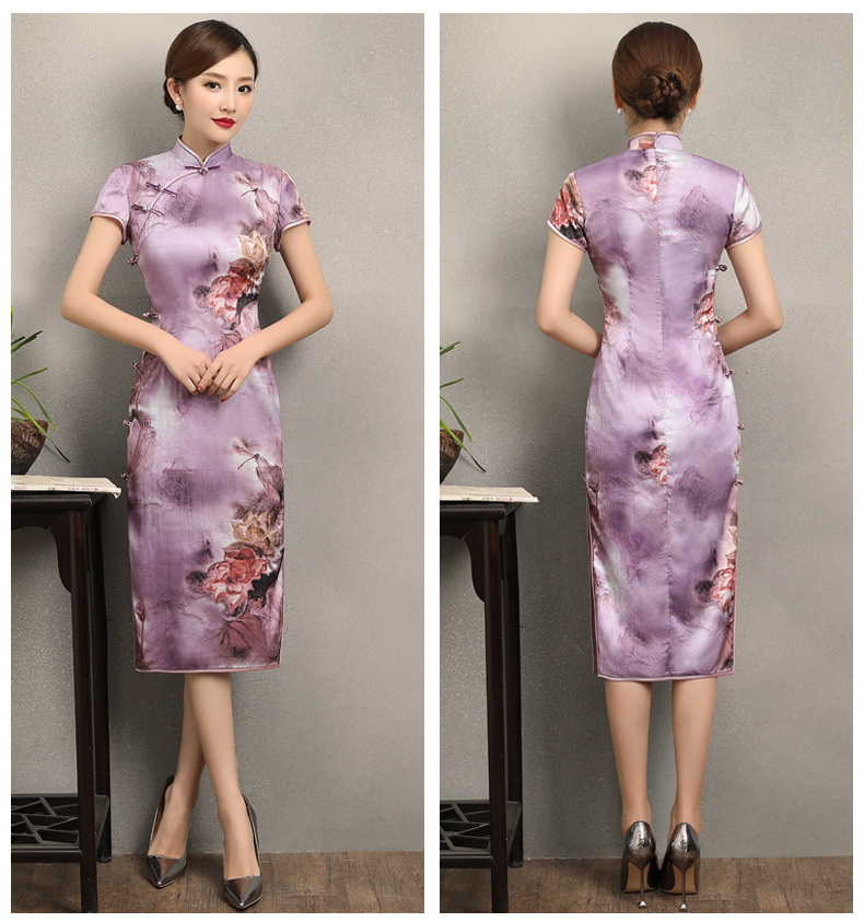 淡紫清新印花旗袍，高貴典雅旗袍裙