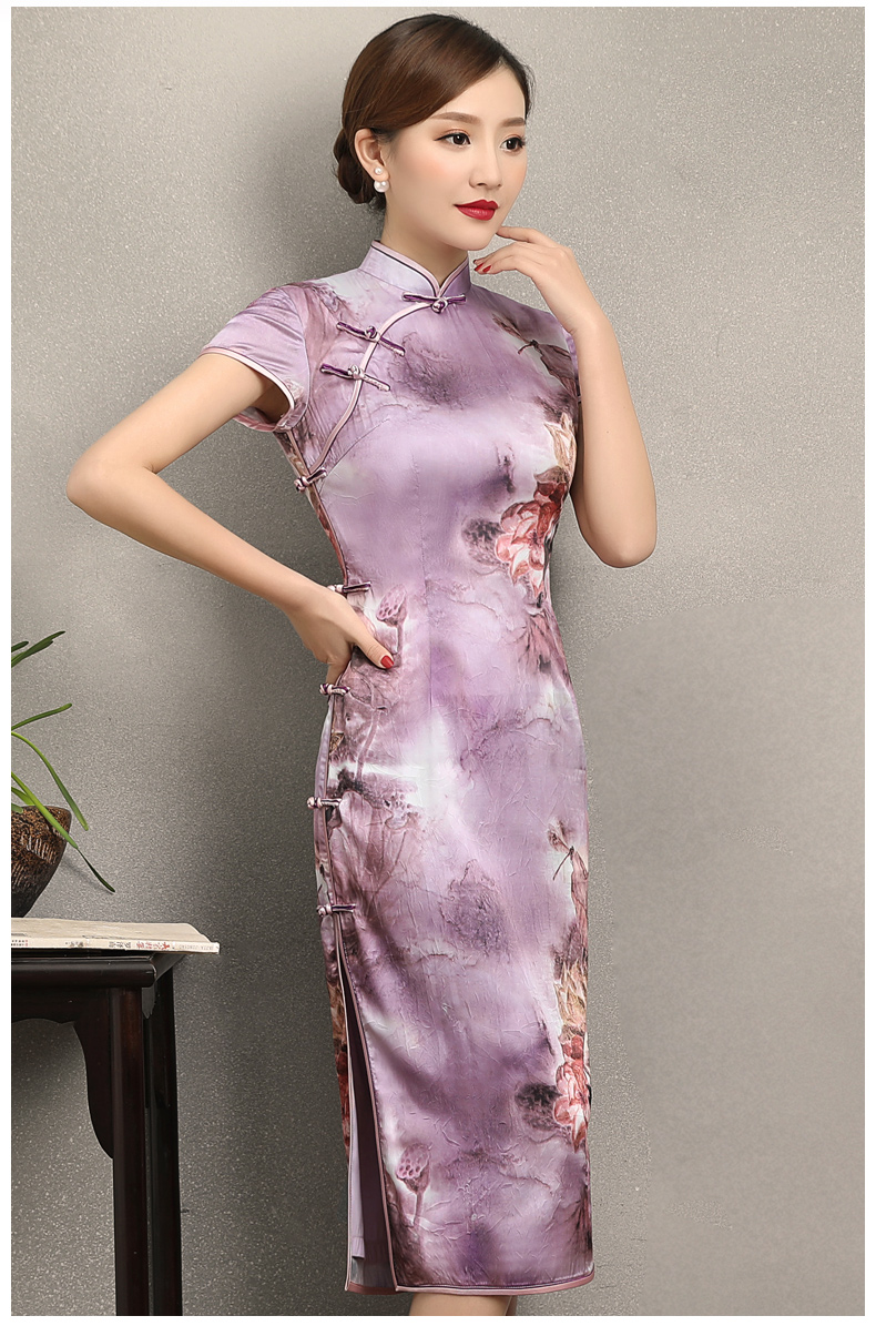 淡紫清新印花旗袍，高貴典雅旗袍裙