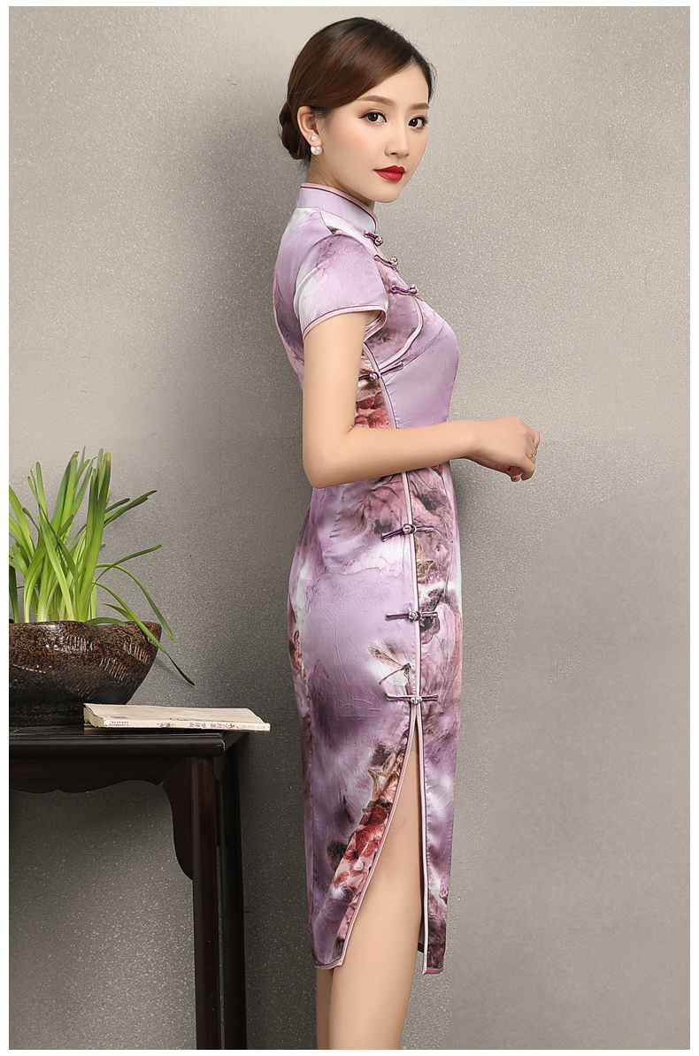 淡紫清新印花旗袍，高貴典雅旗袍裙