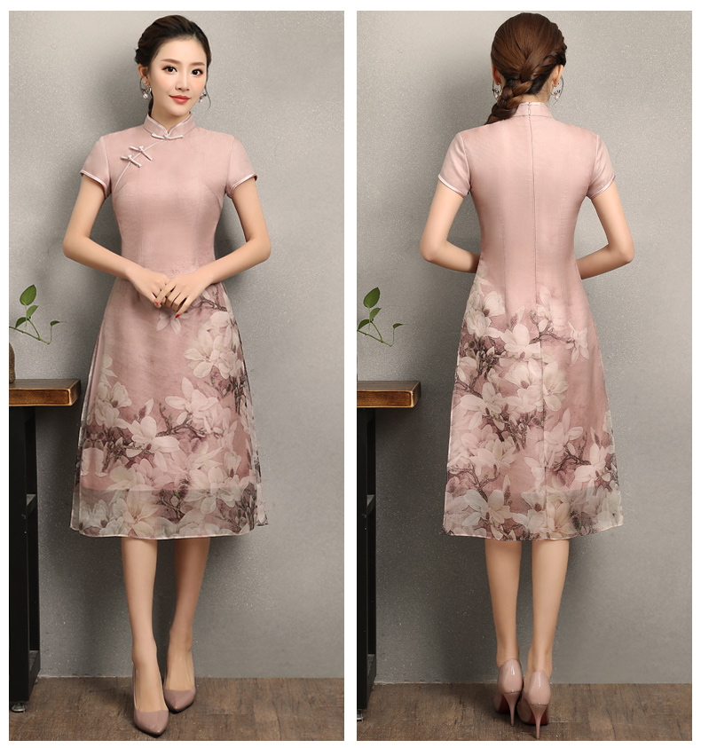 粉色玉蘭花旗袍，清新亮麗旗袍裙